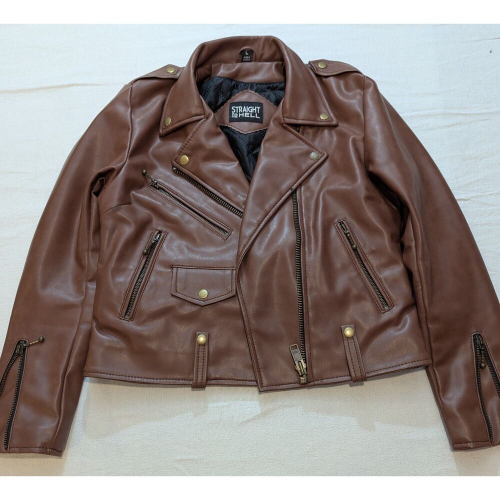 Straight To Hell Vegan Commando Jacket Brown Faux Leather L
